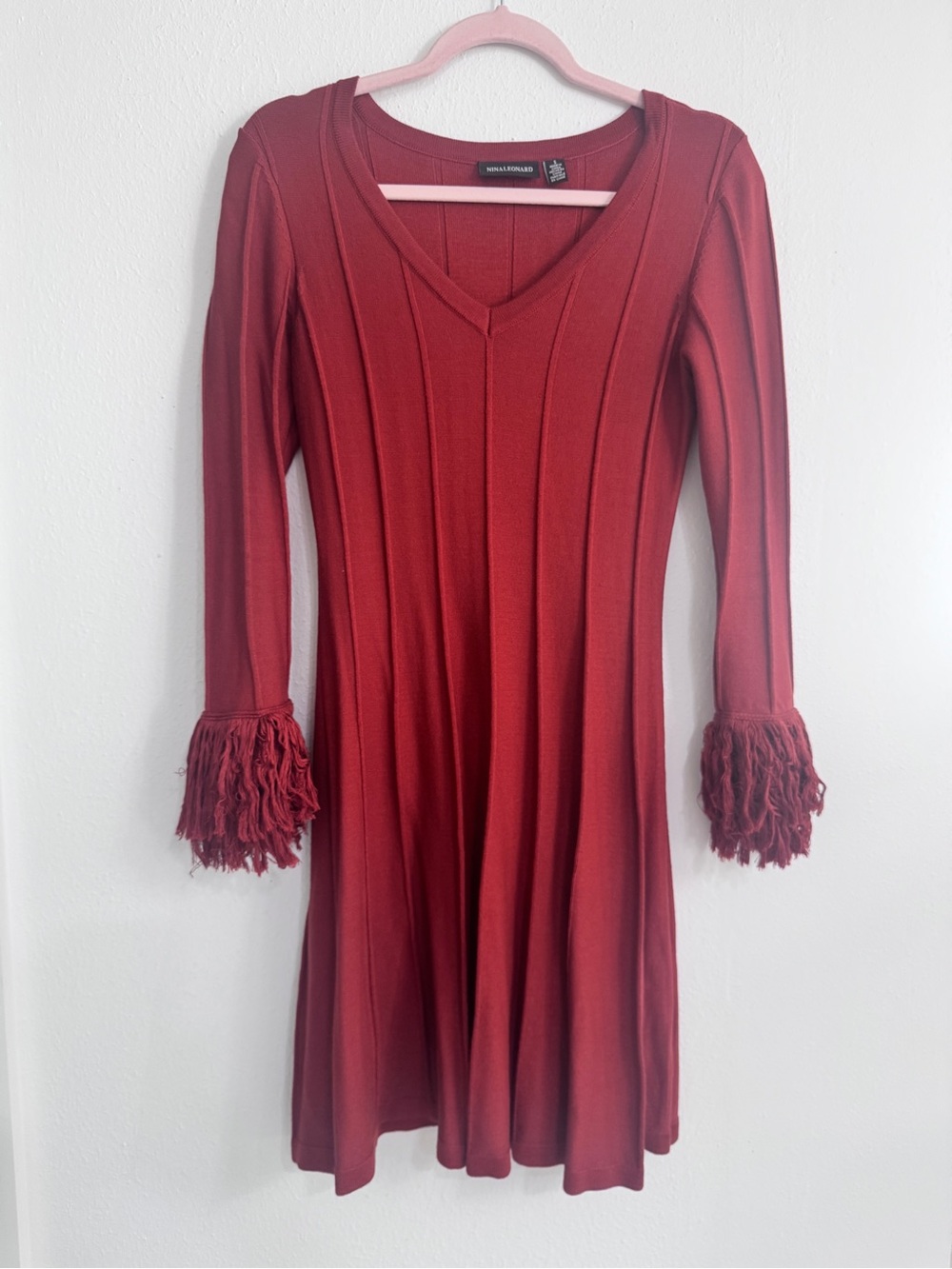 Nina Leonard Burgundy V-Neck Midi Dress with Fringe Cuffs. 0050
